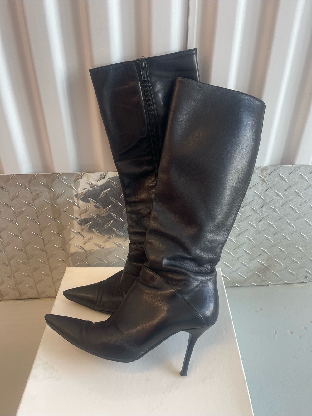 Vintage Italian Black Leather Calf-High Stiletto Boots